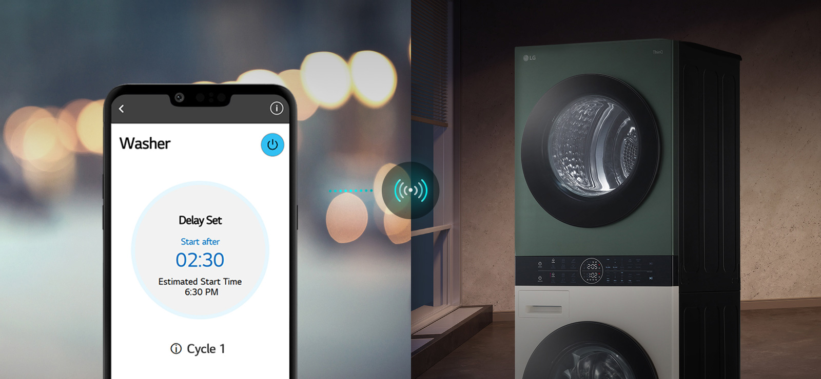 Imazhi tregon një telefon jashtë që ndjek ciklin e larjes në aplikacionin ThinQ dhe një WashTower në shtëpi.