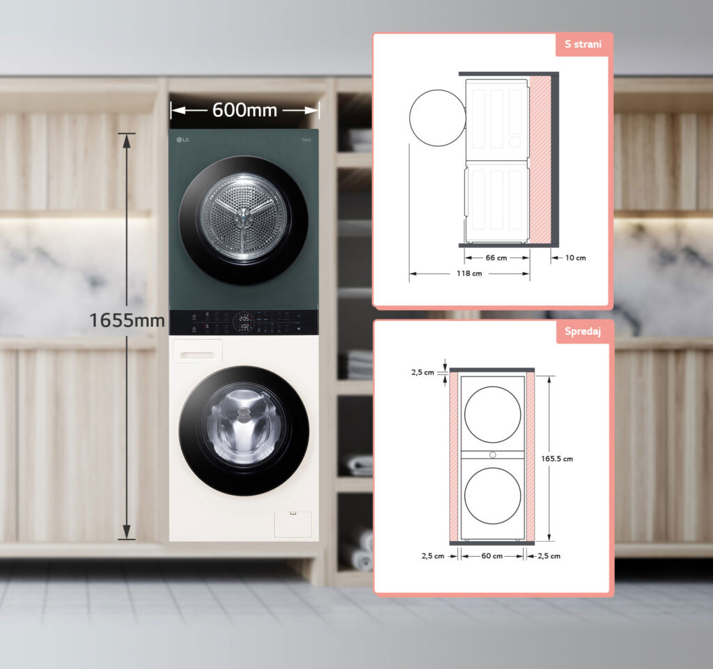 Imazhi tregon hapësirën e nevojshme për instalimin e WashTower. Na duhen 10cm në pjesën e pasme dhe 2.5cm në të majtë dhe të djathtë.